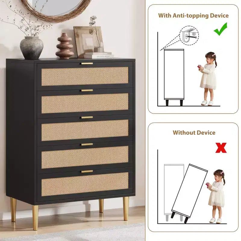 Acekool Rattan 5 Drawer Dresser with Gold Legs Tall Chest for Bedroom & Living Room