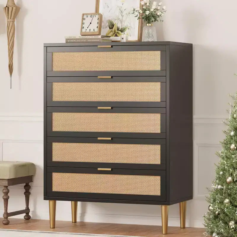 Acekool Rattan 5 Drawer Dresser with Gold Legs Tall Chest for Bedroom & Living Room