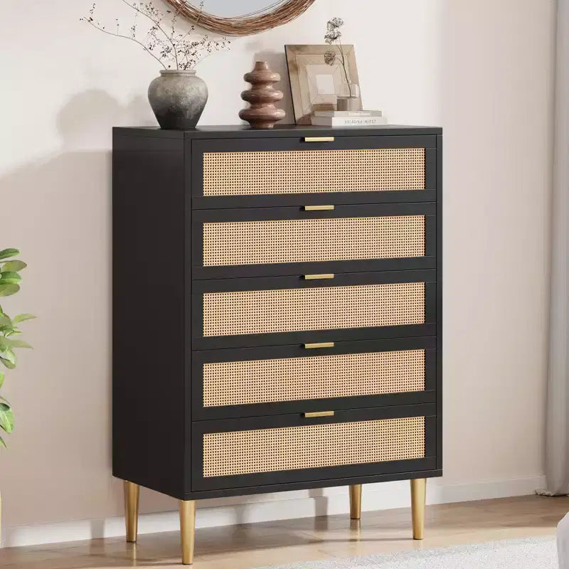 Acekool Rattan 5 Drawer Dresser with Gold Legs Tall Chest for Bedroom & Living Room