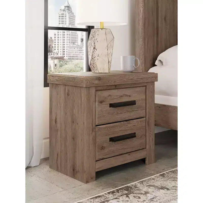 Signature Design by Ashley Contoura Two Drawer Nightstand, Light Brown Rustic Wood Look with USB Charging