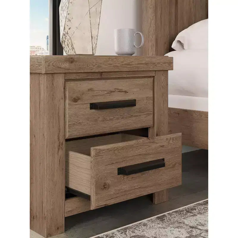 Table de Chevet à Deux Tiroirs, Style Bois Rustique Marron Clair avec Port de Charge USB
