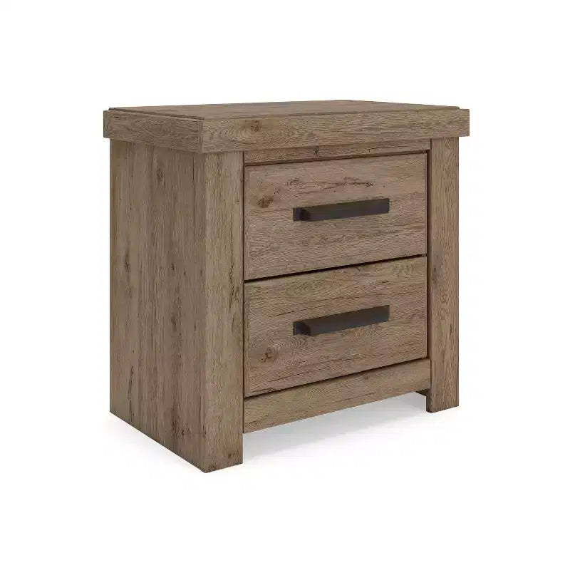 Table de Chevet à Deux Tiroirs, Style Bois Rustique Marron Clair avec Port de Charge USB