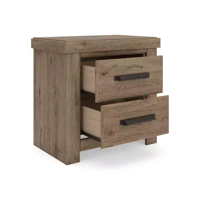 Table de Chevet à Deux Tiroirs, Style Bois Rustique Marron Clair avec Port de Charge USB