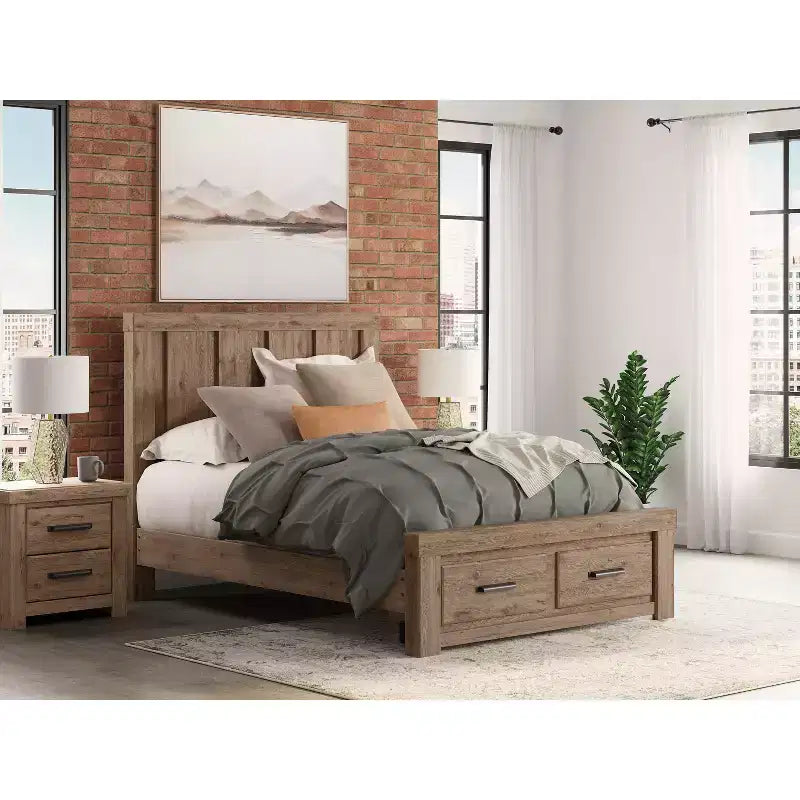 Table de Chevet à Deux Tiroirs, Style Bois Rustique Marron Clair avec Port de Charge USB