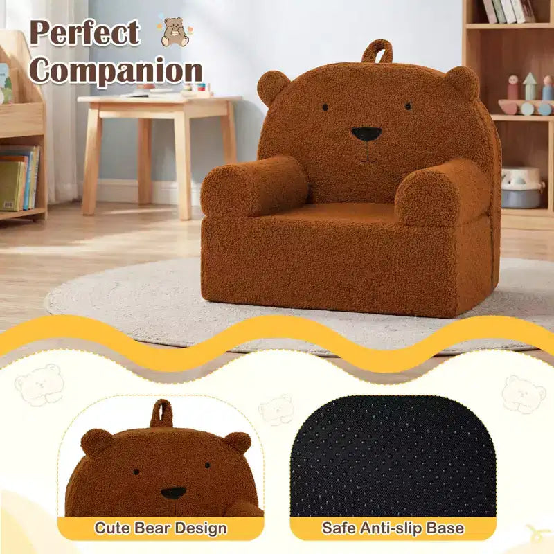 Canapé Ours pour Enfants, Fauteuil en Mousse pour Tout-Petits avec Housse en Tissu Polaire Doux Marron/Gris/Bleu Marine/Rose