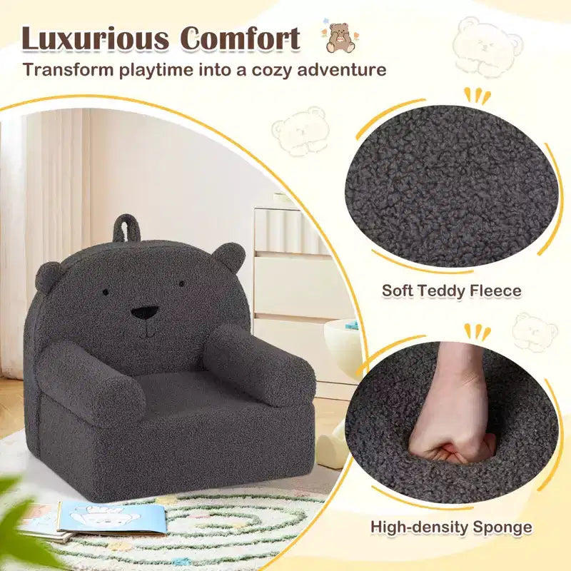 Canapé Ours pour Enfants, Fauteuil en Mousse pour Tout-Petits avec Housse en Tissu Polaire Doux Marron/Gris/Bleu Marine/Rose