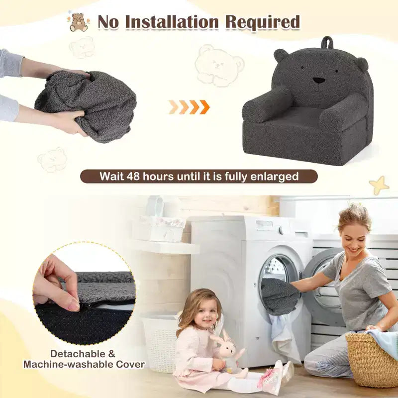 Canapé Ours pour Enfants, Fauteuil en Mousse pour Tout-Petits avec Housse en Tissu Polaire Doux Marron/Gris/Bleu Marine/Rose