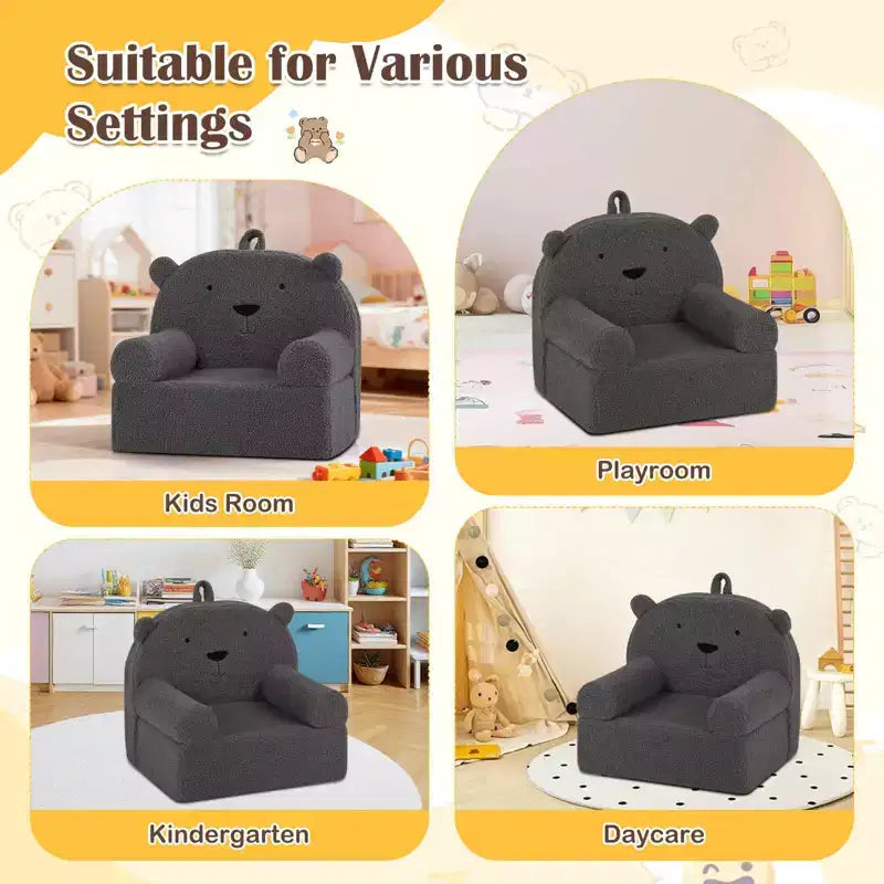 Canapé Ours pour Enfants, Fauteuil en Mousse pour Tout-Petits avec Housse en Tissu Polaire Doux Marron/Gris/Bleu Marine/Rose