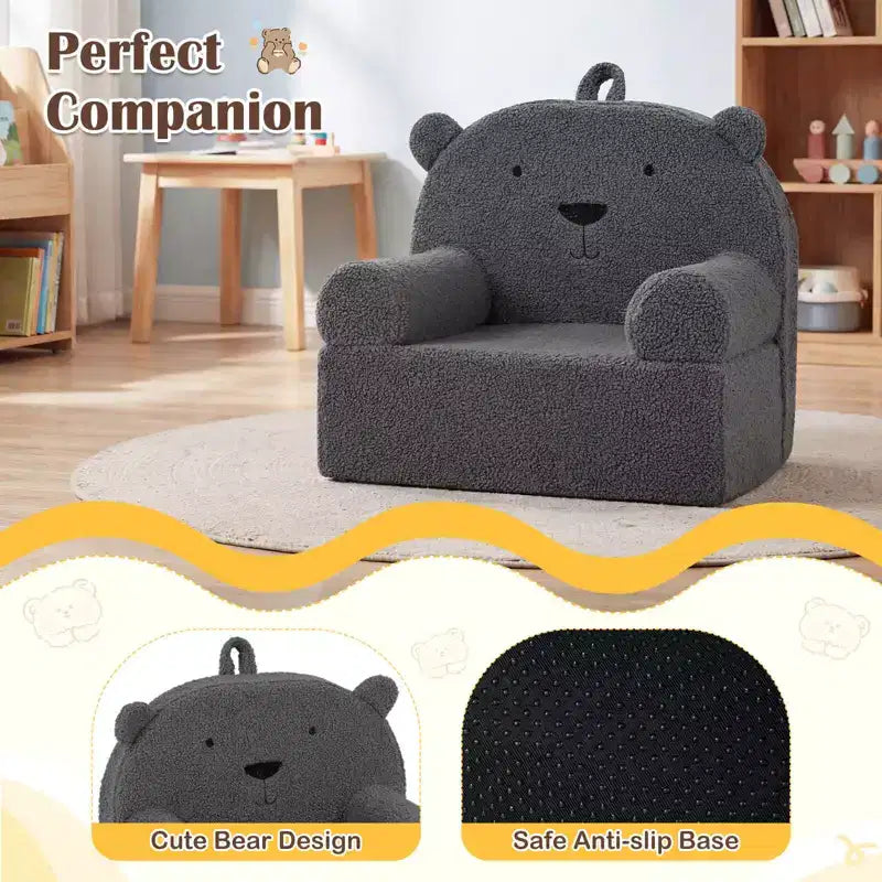 Canapé Ours pour Enfants, Fauteuil en Mousse pour Tout-Petits avec Housse en Tissu Polaire Doux Marron/Gris/Bleu Marine/Rose