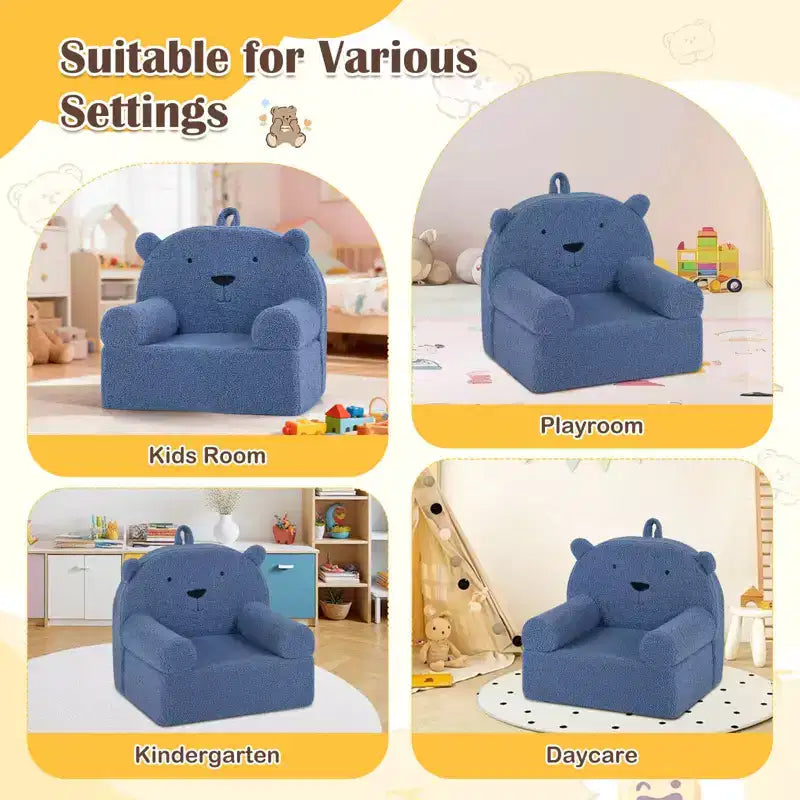 Canapé Ours pour Enfants, Fauteuil en Mousse pour Tout-Petits avec Housse en Tissu Polaire Doux Marron/Gris/Bleu Marine/Rose