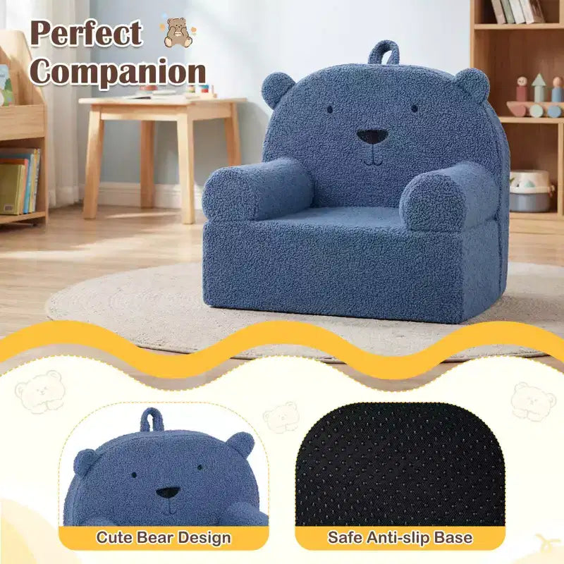 Canapé Ours pour Enfants, Fauteuil en Mousse pour Tout-Petits avec Housse en Tissu Polaire Doux Marron/Gris/Bleu Marine/Rose