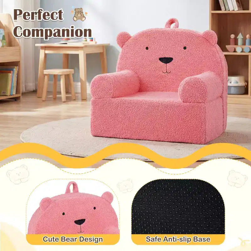 Canapé Ours pour Enfants, Fauteuil en Mousse pour Tout-Petits avec Housse en Tissu Polaire Doux Marron/Gris/Bleu Marine/Rose