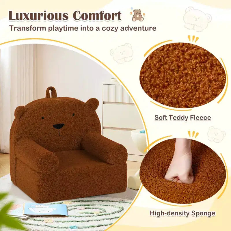 Canapé Ours pour Enfants, Fauteuil en Mousse pour Tout-Petits avec Housse en Tissu Polaire Doux Marron/Gris/Bleu Marine/Rose