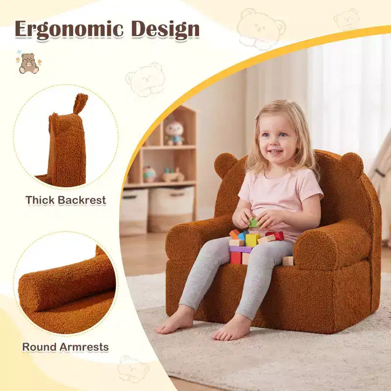 Canapé Ours pour Enfants, Fauteuil en Mousse pour Tout-Petits avec Housse en Tissu Polaire Doux Marron/Gris/Bleu Marine/Rose