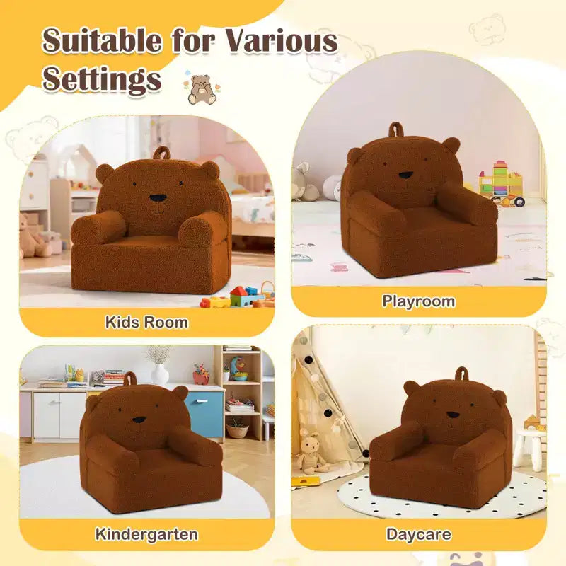 Canapé Ours pour Enfants, Fauteuil en Mousse pour Tout-Petits avec Housse en Tissu Polaire Doux Marron/Gris/Bleu Marine/Rose