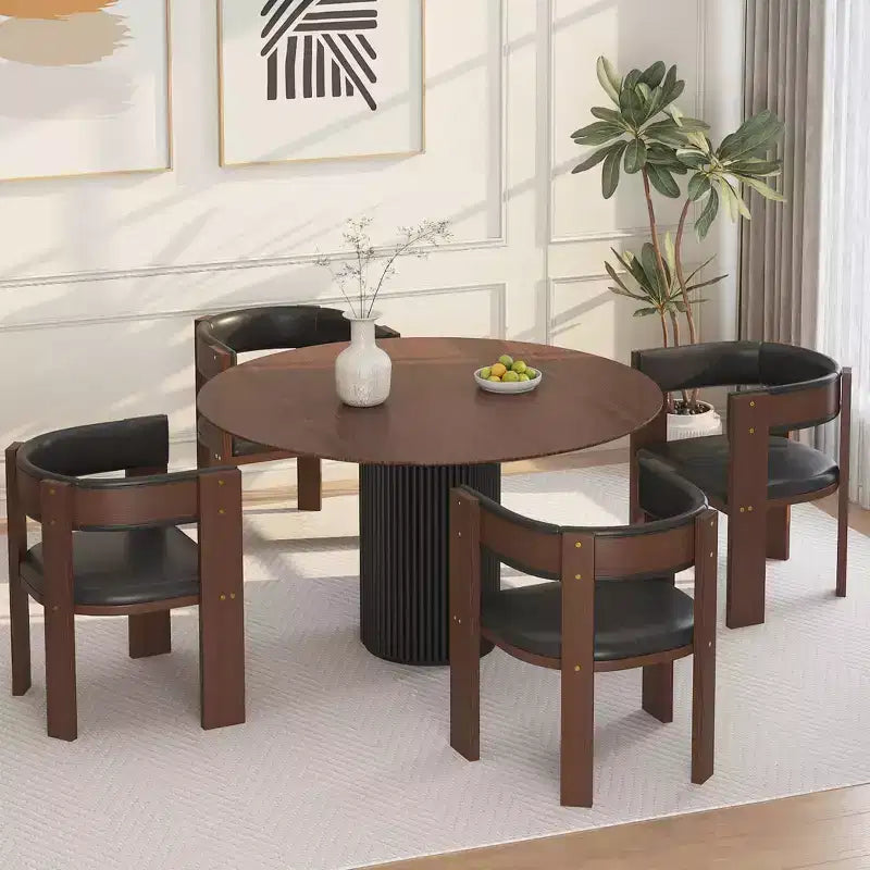 Mid Century Modern Dining Chairs, PU Leather Upholstered Kitchen Chairs Set of 4 with Accent Curved Backrest & Rubber Wood Fram, Brown + Black