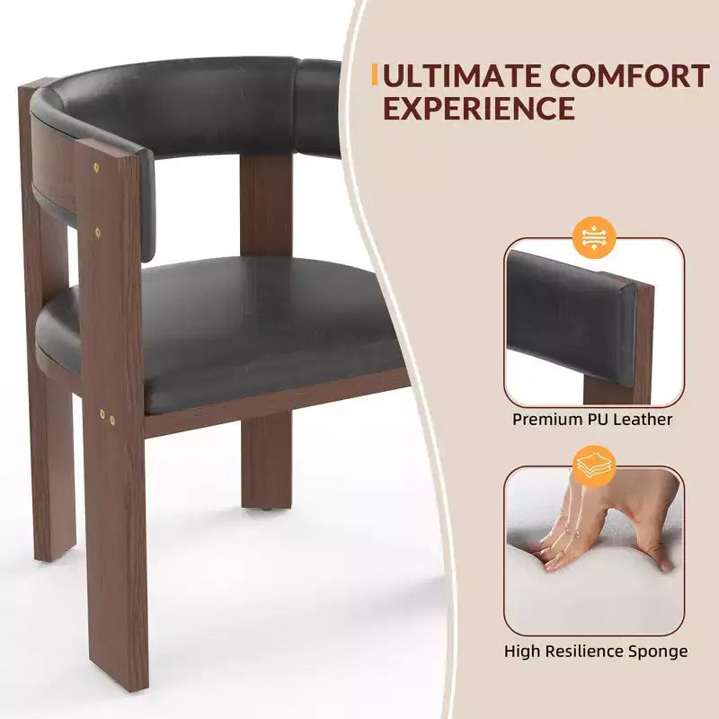 Mid Century Modern Dining Chairs, PU Leather Upholstered Kitchen Chairs Set of 4 with Accent Curved Backrest & Rubber Wood Fram, Brown + Black
