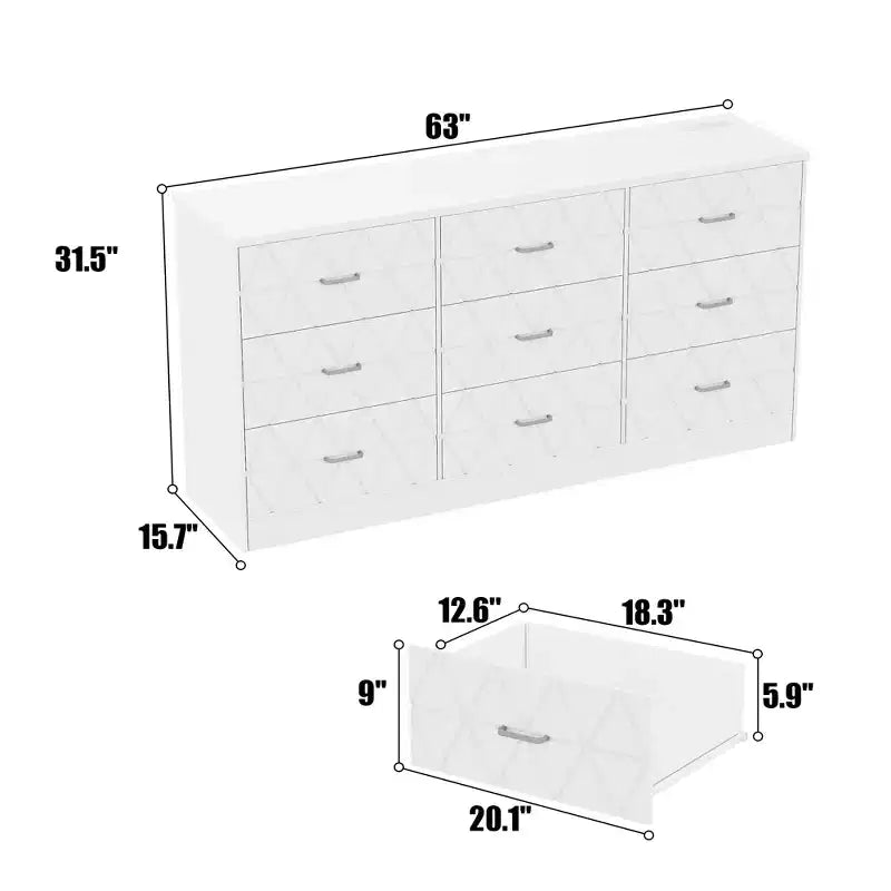 Commode à 9 tiroirs, longue commode de chambre à coucher, grand meuble de rangement moderne, organisateur de tiroirs en bois avec poignées métalliques, pour chambre à coucher, salon