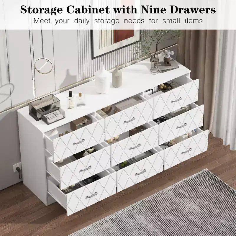 Commode à 9 tiroirs, longue commode de chambre à coucher, grand meuble de rangement moderne, organisateur de tiroirs en bois avec poignées métalliques, pour chambre à coucher, salon