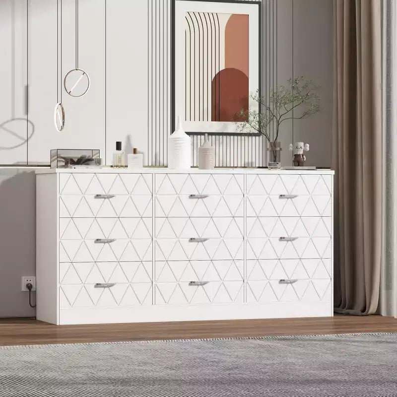 Commode à 9 tiroirs, longue commode de chambre à coucher, grand meuble de rangement moderne, organisateur de tiroirs en bois avec poignées métalliques, pour chambre à coucher, salon