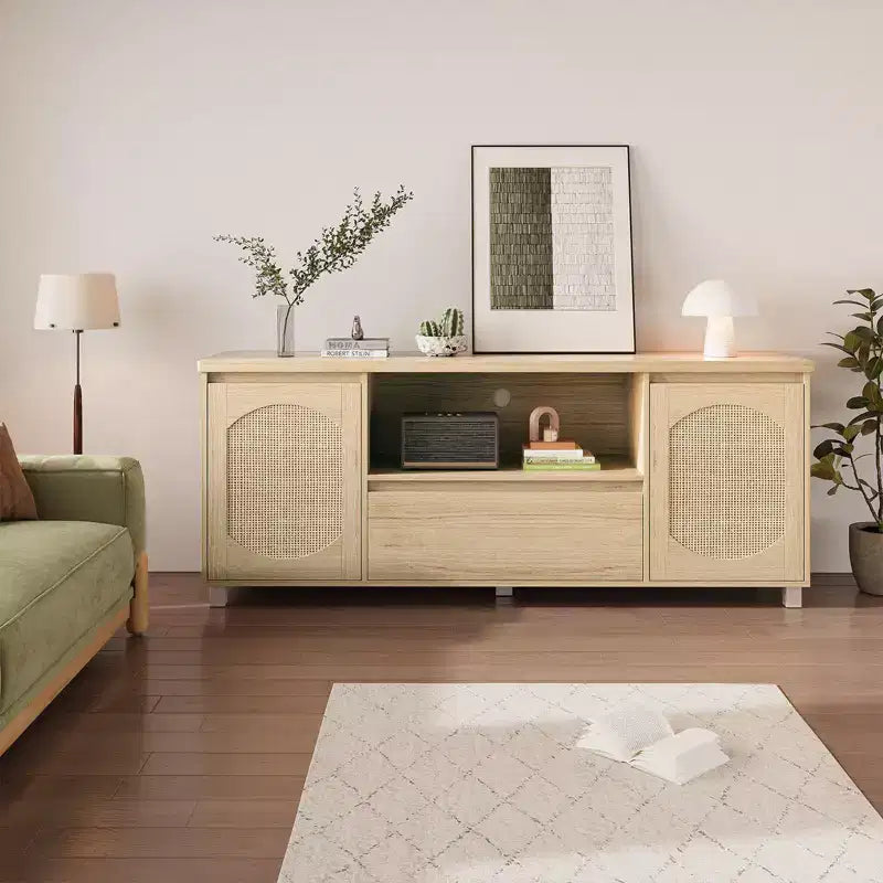 Wooden TV Console with 1 Drawer & 2 Closed Cabinets, Ample Hidden Storage to Organize Media Devices and Living Room Essentials