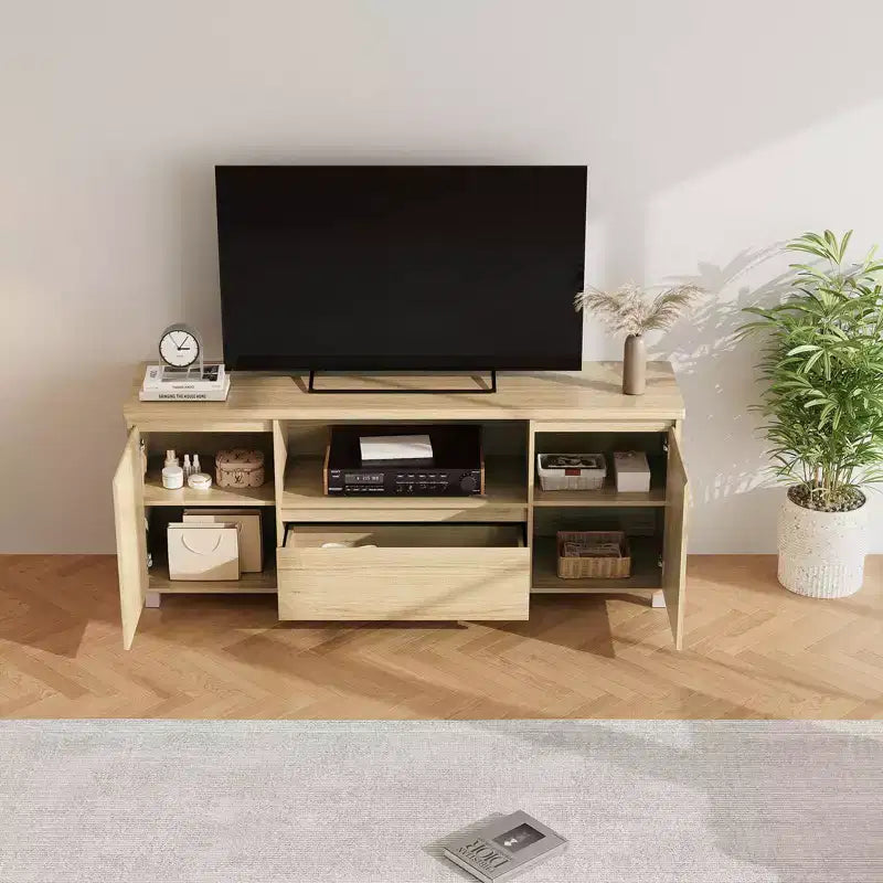 Wooden TV Console with 1 Drawer & 2 Closed Cabinets, Ample Hidden Storage to Organize Media Devices and Living Room Essentials