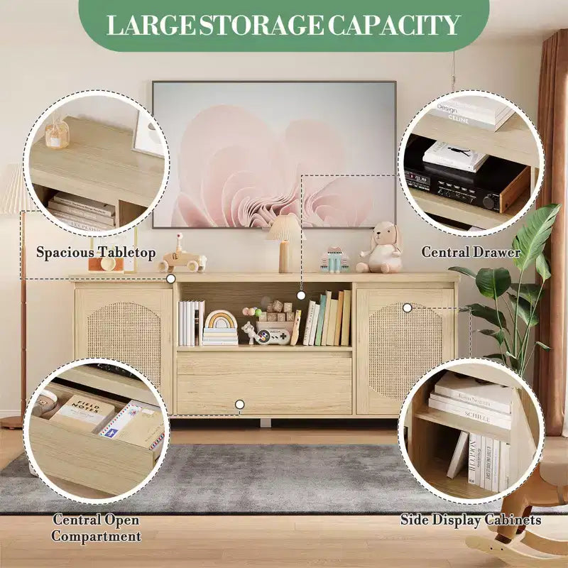 Wooden TV Console with 1 Drawer & 2 Closed Cabinets, Ample Hidden Storage to Organize Media Devices and Living Room Essentials