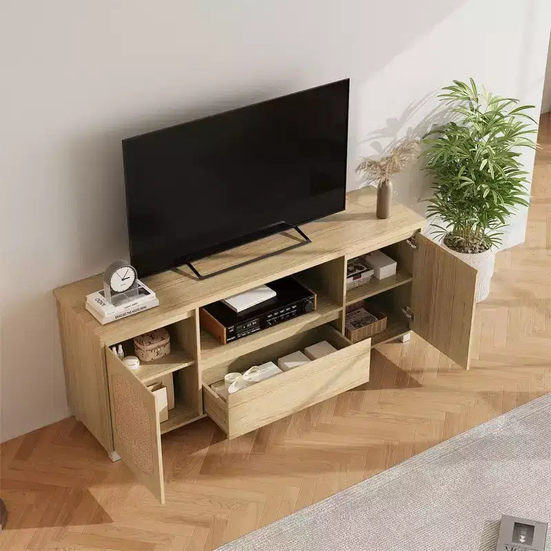 Wooden TV Console with 1 Drawer & 2 Closed Cabinets, Ample Hidden Storage to Organize Media Devices and Living Room Essentials