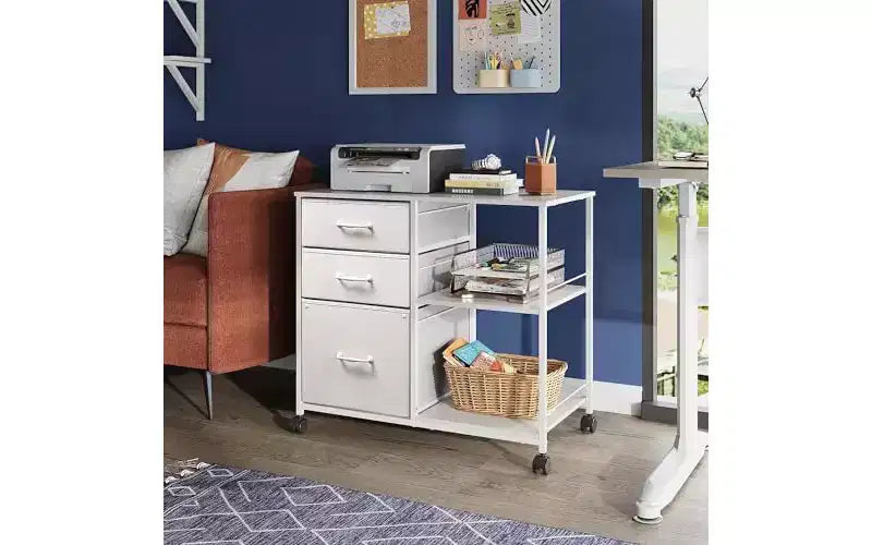 DEXYLLO 3 Drawer Mobile File Cabinet, Rolling Printer Stand with Open Storage Shelf, Fabric Lateral Filing Cabinet fits A4 or Letter, White