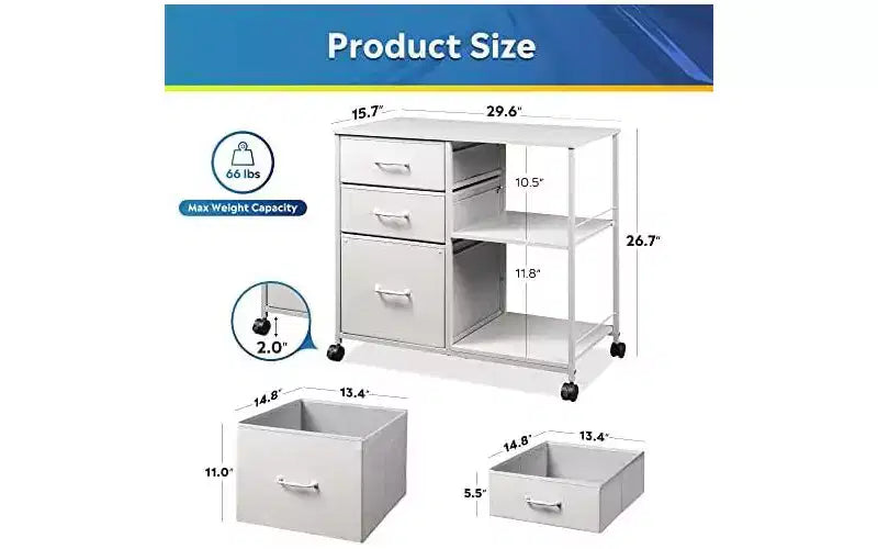 DEXYLLO 3 Drawer Mobile File Cabinet, Rolling Printer Stand with Open Storage Shelf, Fabric Lateral Filing Cabinet fits A4 or Letter, White