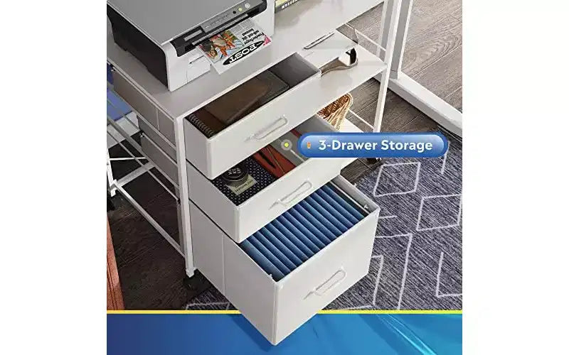 DEXYLLO 3 Drawer Mobile File Cabinet, Rolling Printer Stand with Open Storage Shelf, Fabric Lateral Filing Cabinet fits A4 or Letter, White