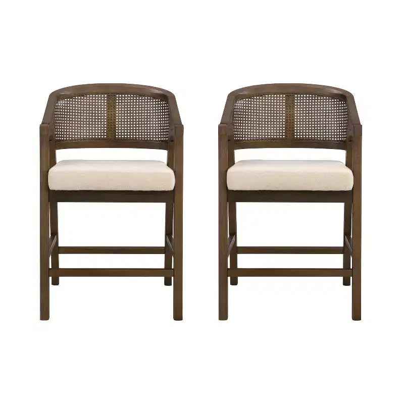 ModernLuxe Rubberwood Counter Height Bar Stools, Accent Armchairs with Rattan Backrest - Set of 2