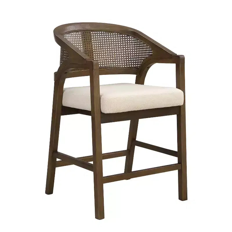 ModernLuxe Rubberwood Counter Height Bar Stools, Accent Armchairs with Rattan Backrest - Set of 2