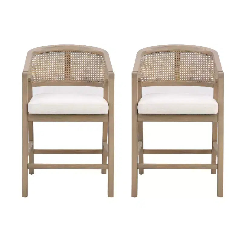 ModernLuxe Rubberwood Counter Height Bar Stools, Accent Armchairs with Rattan Backrest - Set of 2