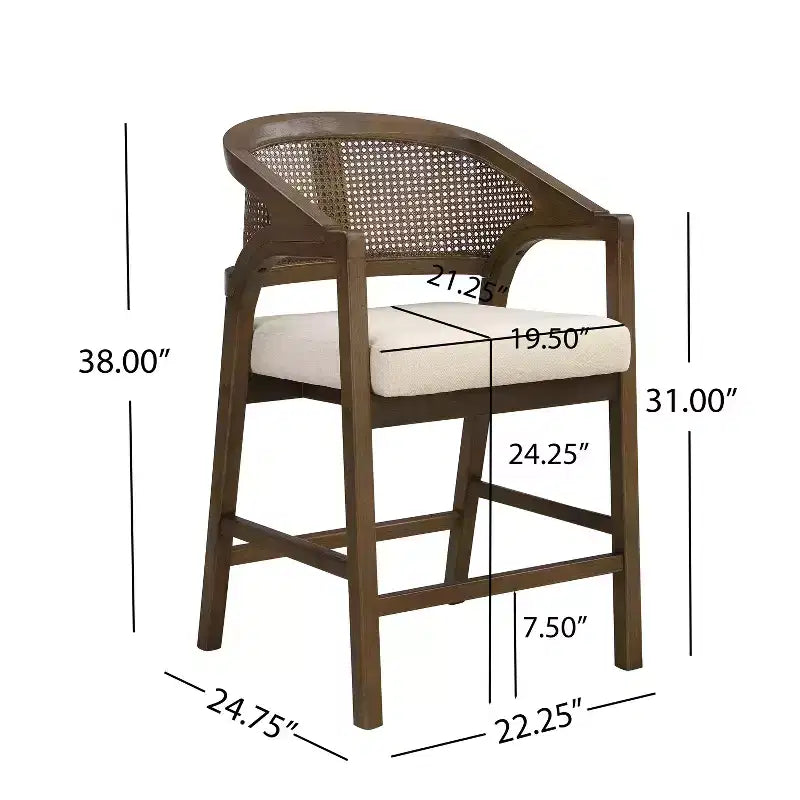 ModernLuxe Rubberwood Counter Height Bar Stools, Accent Armchairs with Rattan Backrest - Set of 2