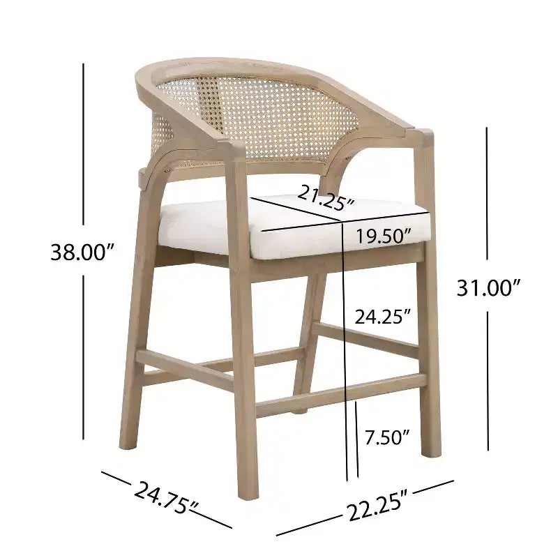 ModernLuxe Rubberwood Counter Height Bar Stools, Accent Armchairs with Rattan Backrest - Set of 2