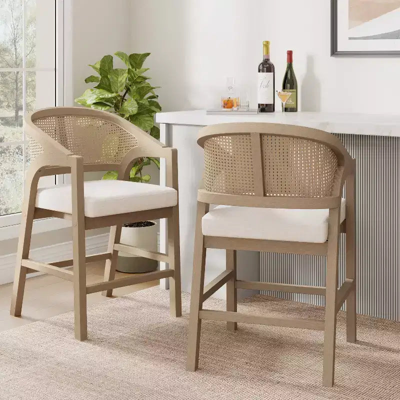 ModernLuxe Rubberwood Counter Height Bar Stools, Accent Armchairs with Rattan Backrest - Set of 2