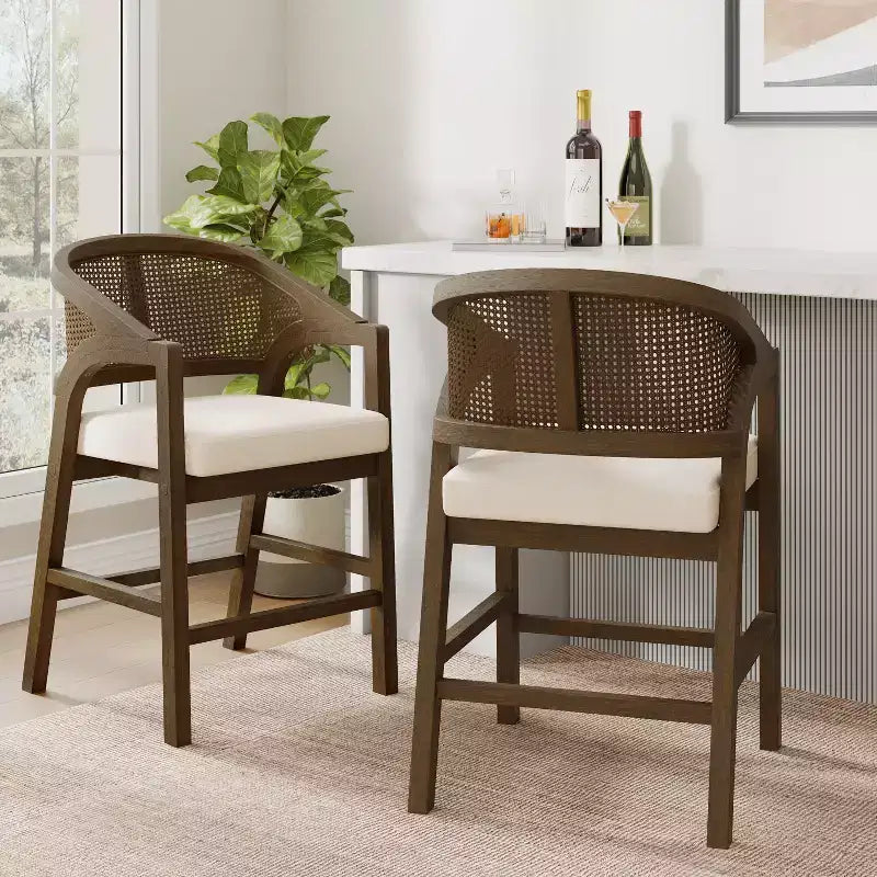 ModernLuxe Rubberwood Counter Height Bar Stools, Accent Armchairs with Rattan Backrest - Set of 2