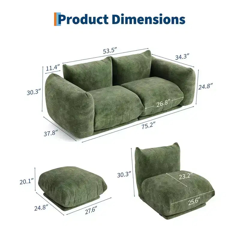 2 Pack Modern Chenille Modular Cloud Sofa Set, Deep Seat Boneless Sectional Couch, 2-Seater Loveseat, U-Shape, For Living Room or Small Spaces