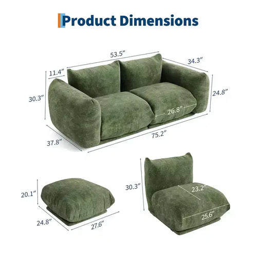 2 Pack Modern Chenille Modular Cloud Sofa Set, Deep Seat Boneless Sectional Couch, 2-Seater Loveseat, U-Shape, For Living Room or Small Spaces