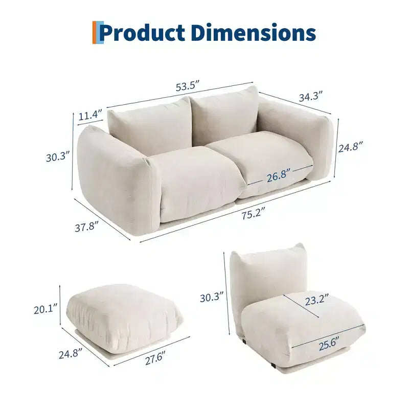 2 Pack Modern Chenille Modular Cloud Sofa Set, Deep Seat Boneless Sectional Couch, 2-Seater Loveseat, U-Shape, For Living Room or Small Spaces