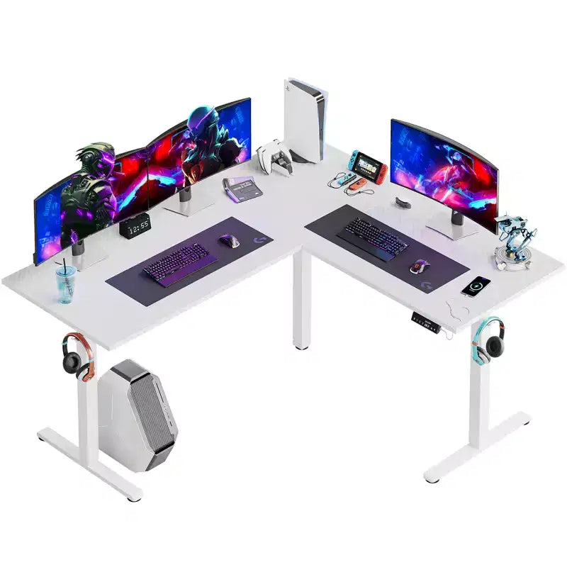 Bestier 63 L-Shaped Standing Desk with Hooks, Height Adjustable Simple Gaming Desk with Charging Station & Power Outlet for Home Office & Bedroom