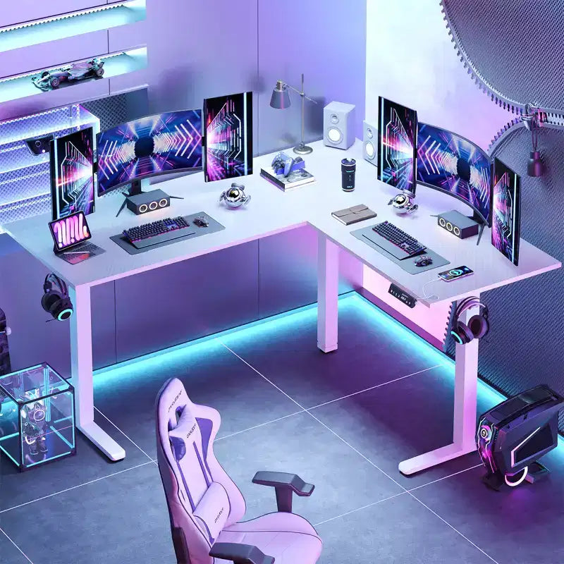 Bestier 63 L-Shaped Standing Desk with Hooks, Height Adjustable Simple Gaming Desk with Charging Station & Power Outlet for Home Office & Bedroom
