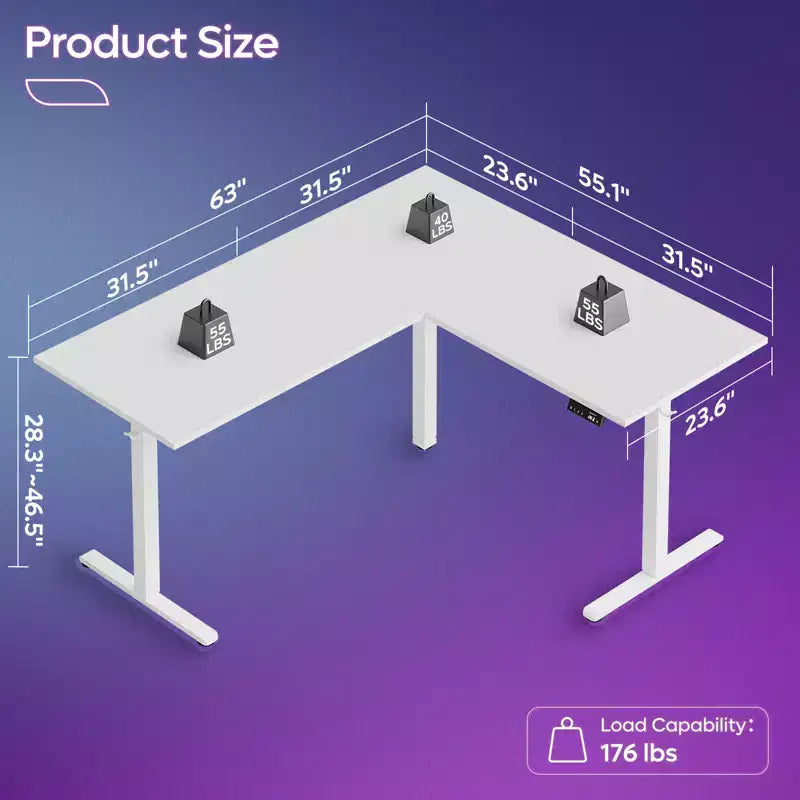 Bestier 63 L-Shaped Standing Desk with Hooks, Height Adjustable Simple Gaming Desk with Charging Station & Power Outlet for Home Office & Bedroom