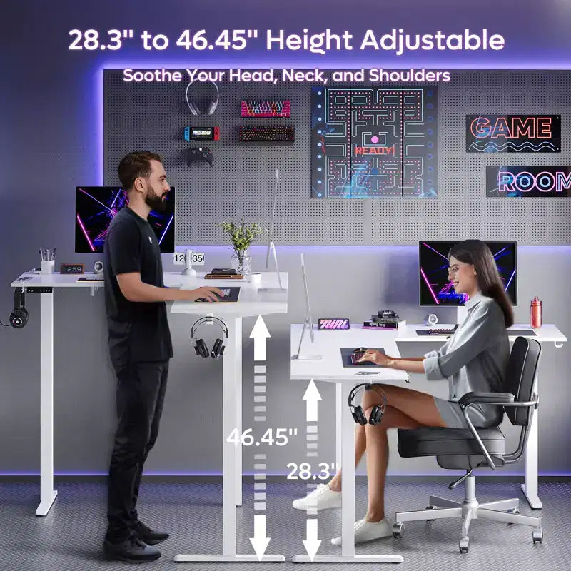 Bestier 63 L-Shaped Standing Desk with Hooks, Height Adjustable Simple Gaming Desk with Charging Station & Power Outlet for Home Office & Bedroom