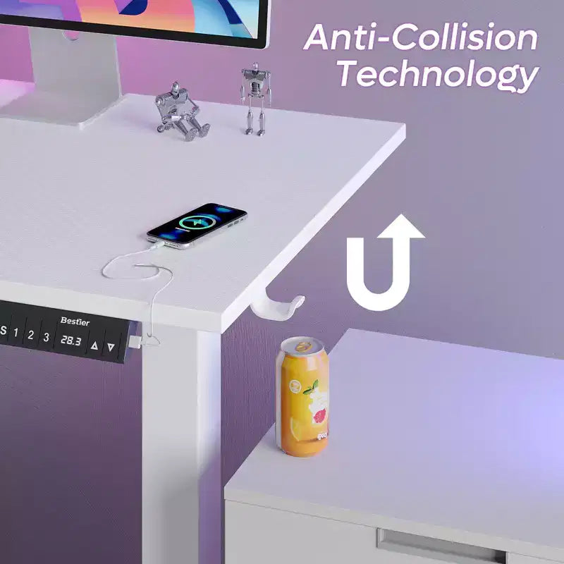 Bestier 63 L-Shaped Standing Desk with Hooks, Height Adjustable Simple Gaming Desk with Charging Station & Power Outlet for Home Office & Bedroom