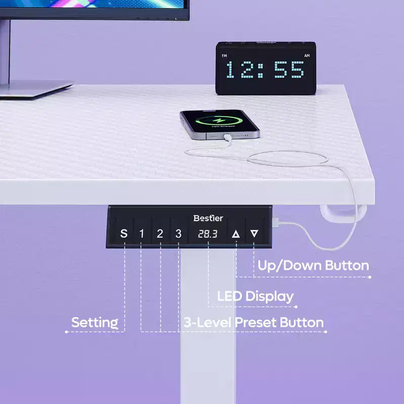 Bestier 63 L-Shaped Standing Desk with Hooks, Height Adjustable Simple Gaming Desk with Charging Station & Power Outlet for Home Office & Bedroom