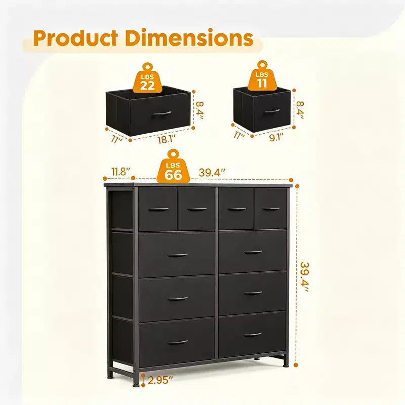 JIONJOY 10-Drawer Storage Cabinet - Easy Assembly Organizer for Bedroom, with Qnti-Toppling Design and Adjustable Feet,Black