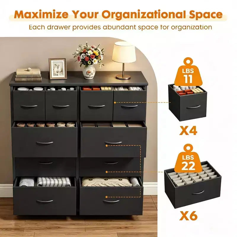 JIONJOY 10-Drawer Storage Cabinet - Easy Assembly Organizer for Bedroom, with Qnti-Toppling Design and Adjustable Feet,Black