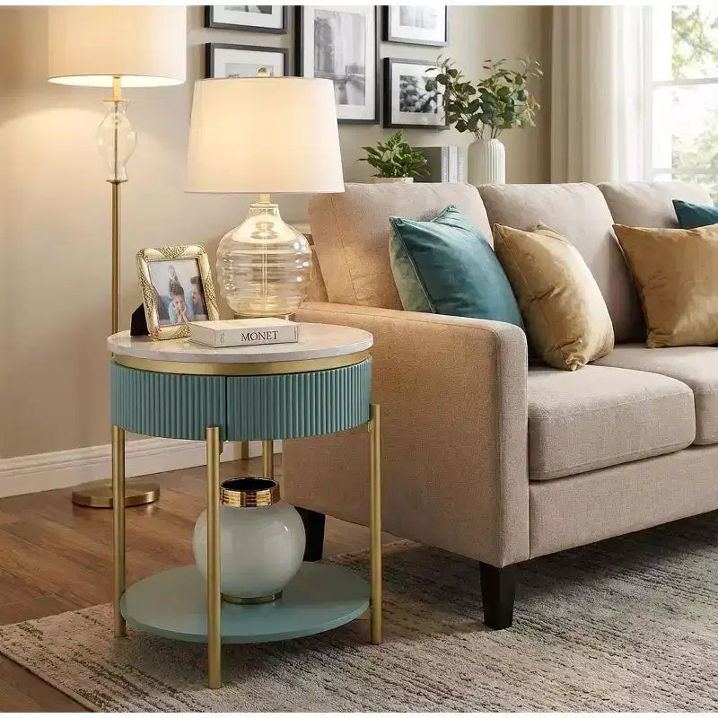 Round End Table, Light Teal with White Faux Marble Top, Matte Gold Steel Frame, Curved Reeded Panels, Concealed Storage Drawer & Open Bottom Shelf